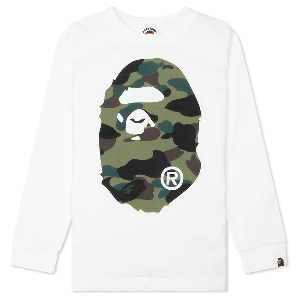 Kids 1st Camo Big Ape Head L S Tee White Green