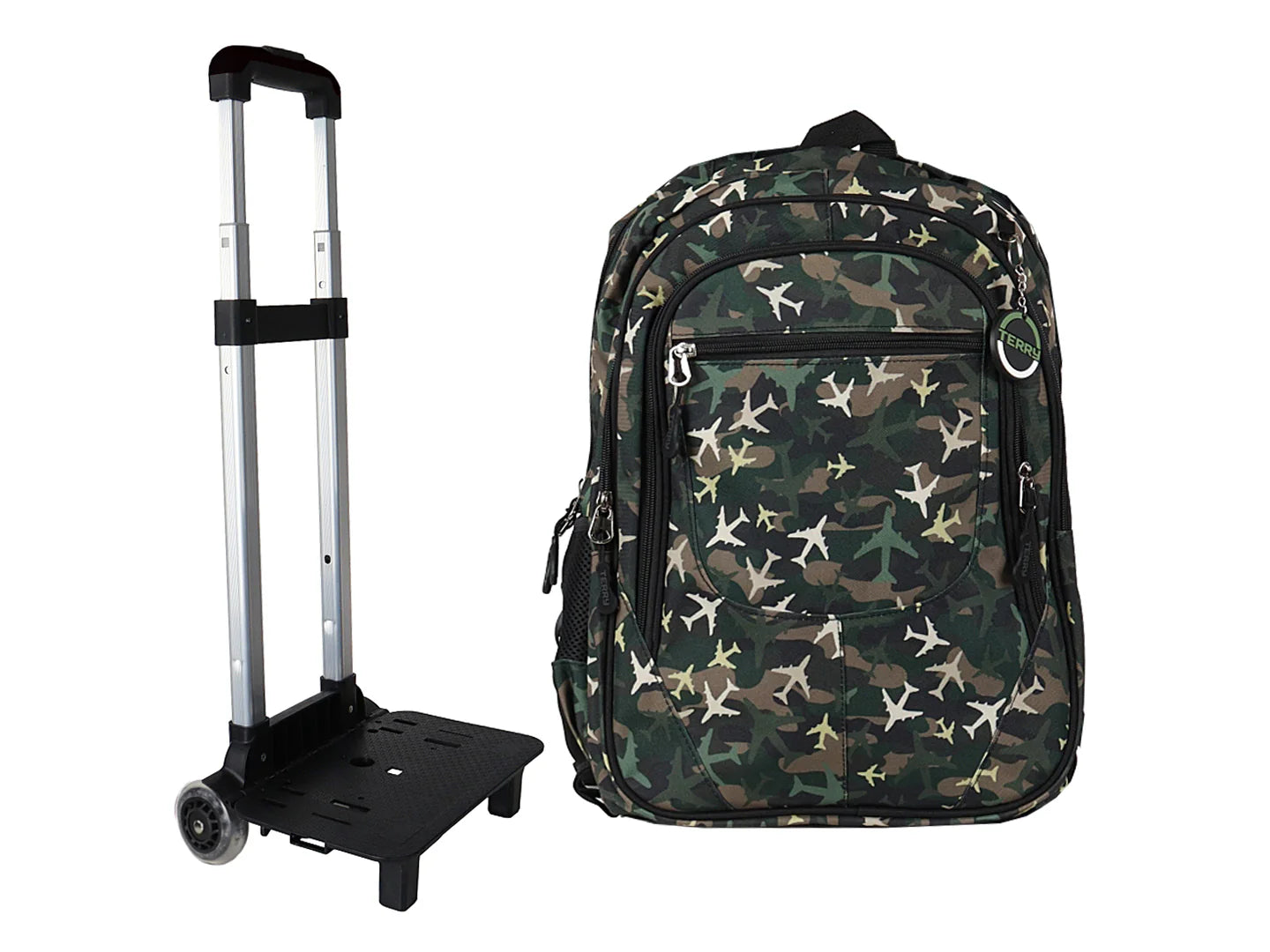 Mochila Terry Rodante Aviones Verde Militar para Niño