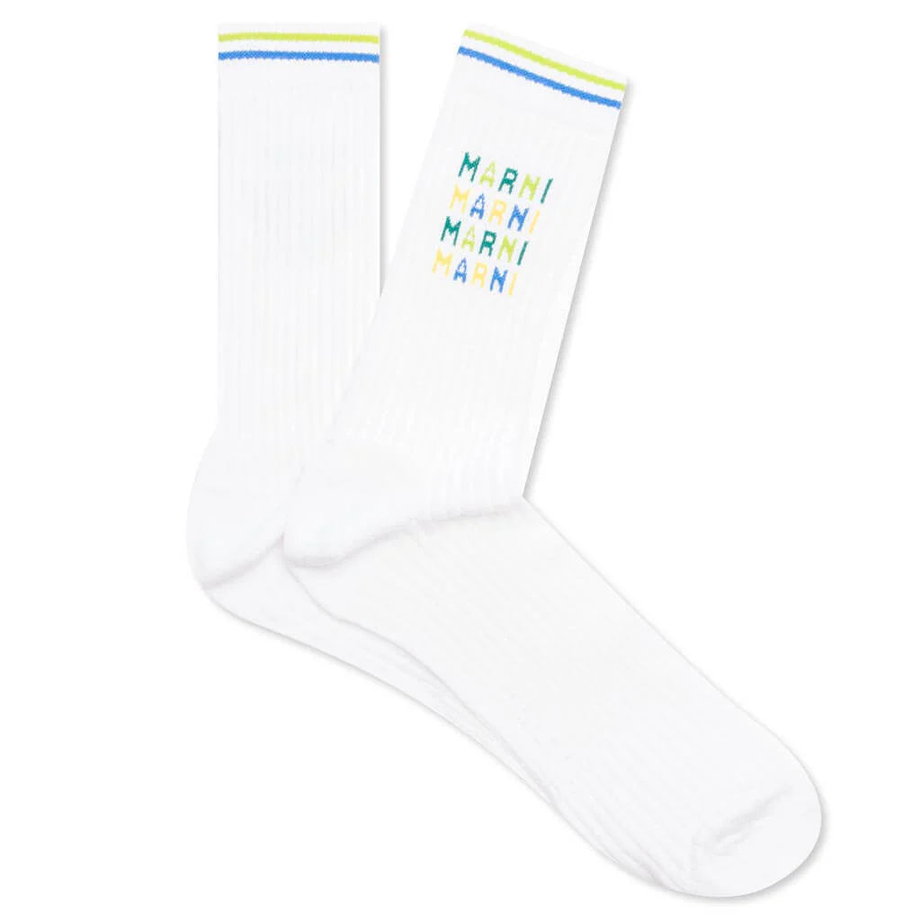 White Ribbed Cotton Socks With Multicoloured Logos Lily White