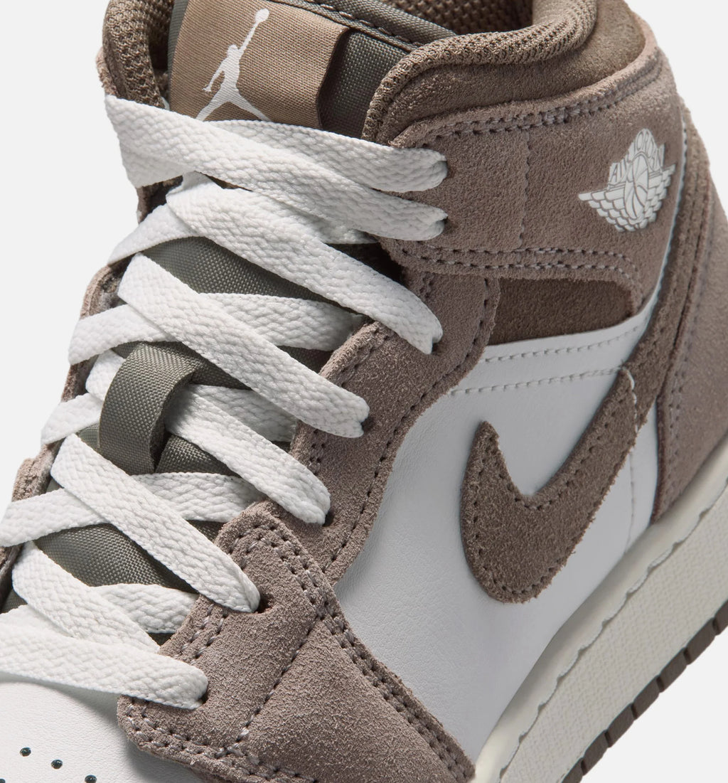 Air Jordan 1 Mid Grade School Lifestyle Shoe Enigma Stone Olive Grey Summit White