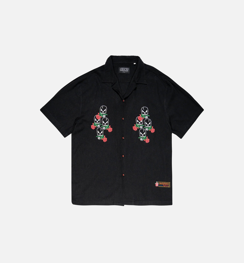 Magic Embroidered Button Down Mens Short Sleeve Shirt Black