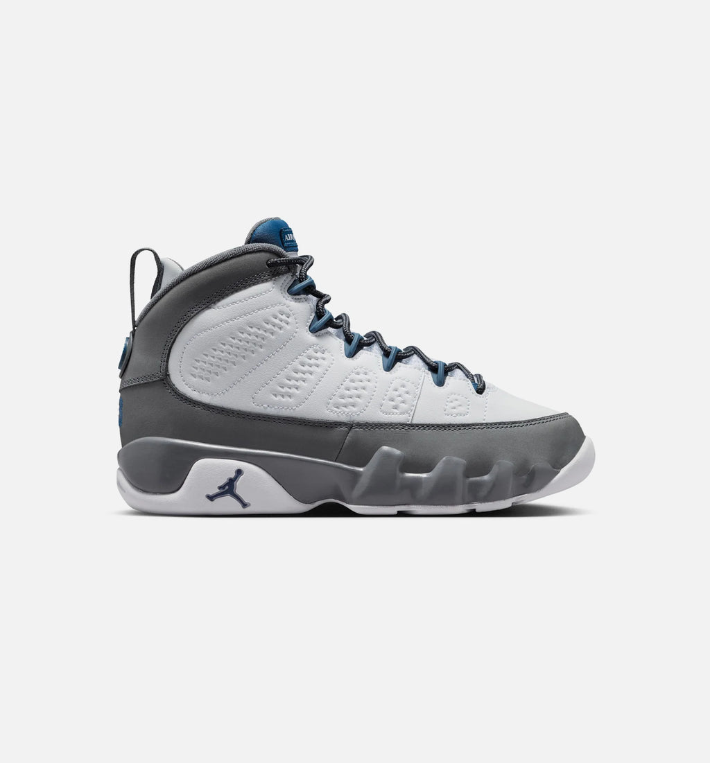 Air Jordan 9 Retro Flint Grey and French Blue Grade School Lifestyle Shoe White French Blue Flint Grey