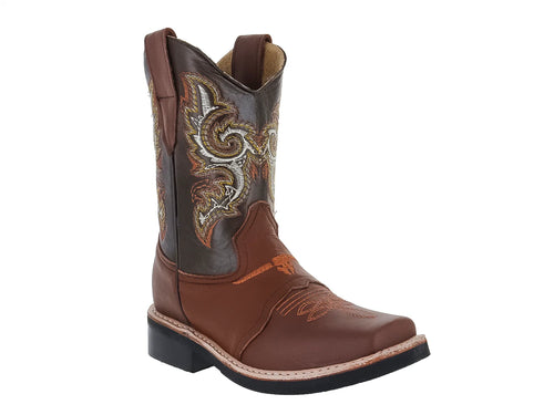 Botas Vaqueras Jinetitos Piel Marrón y Naranja para Niño