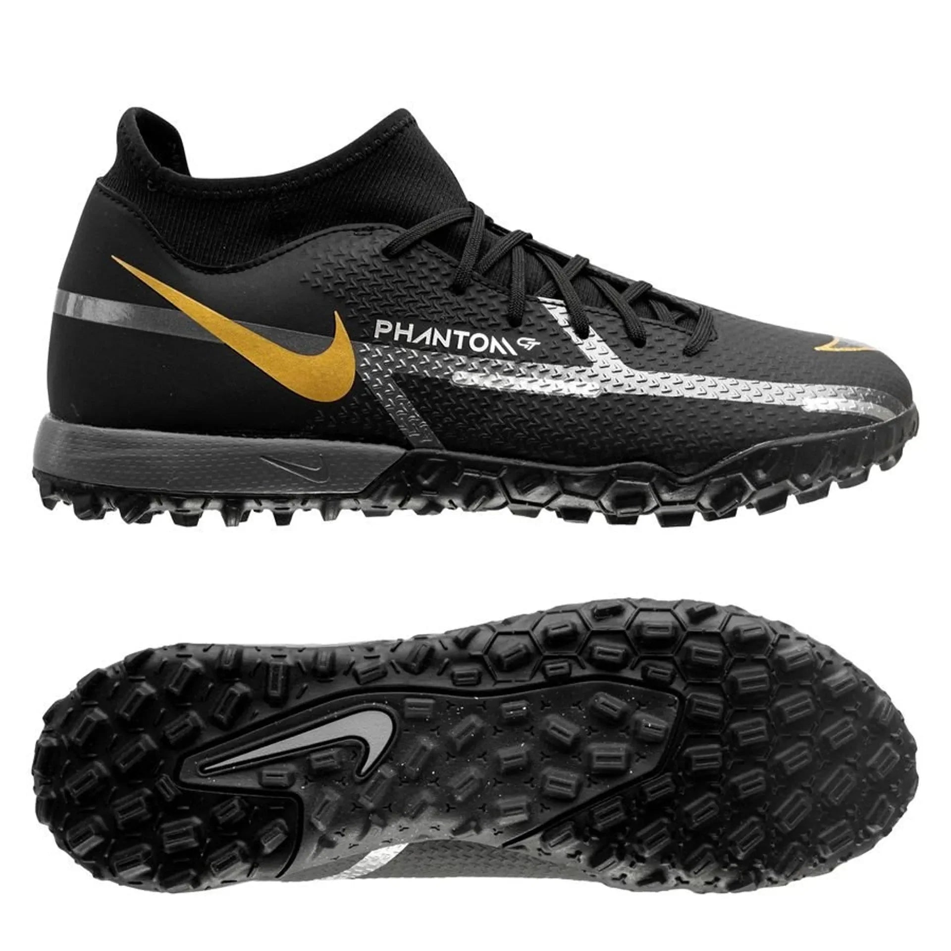 Nike Phantom GT2 Academy DF TF Turf Soccer Cleats Black Metallic Dark Grey Metallic Gold