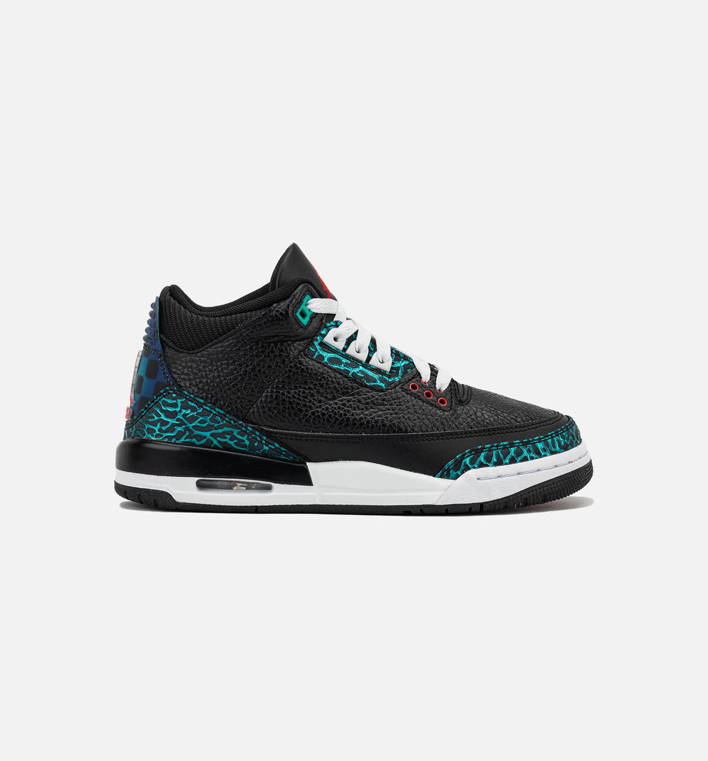 Air Jordan 3 Retro Black and Hyper Jade Grade School Lifestyle Shoe Black Siren Red Hyper Jade White