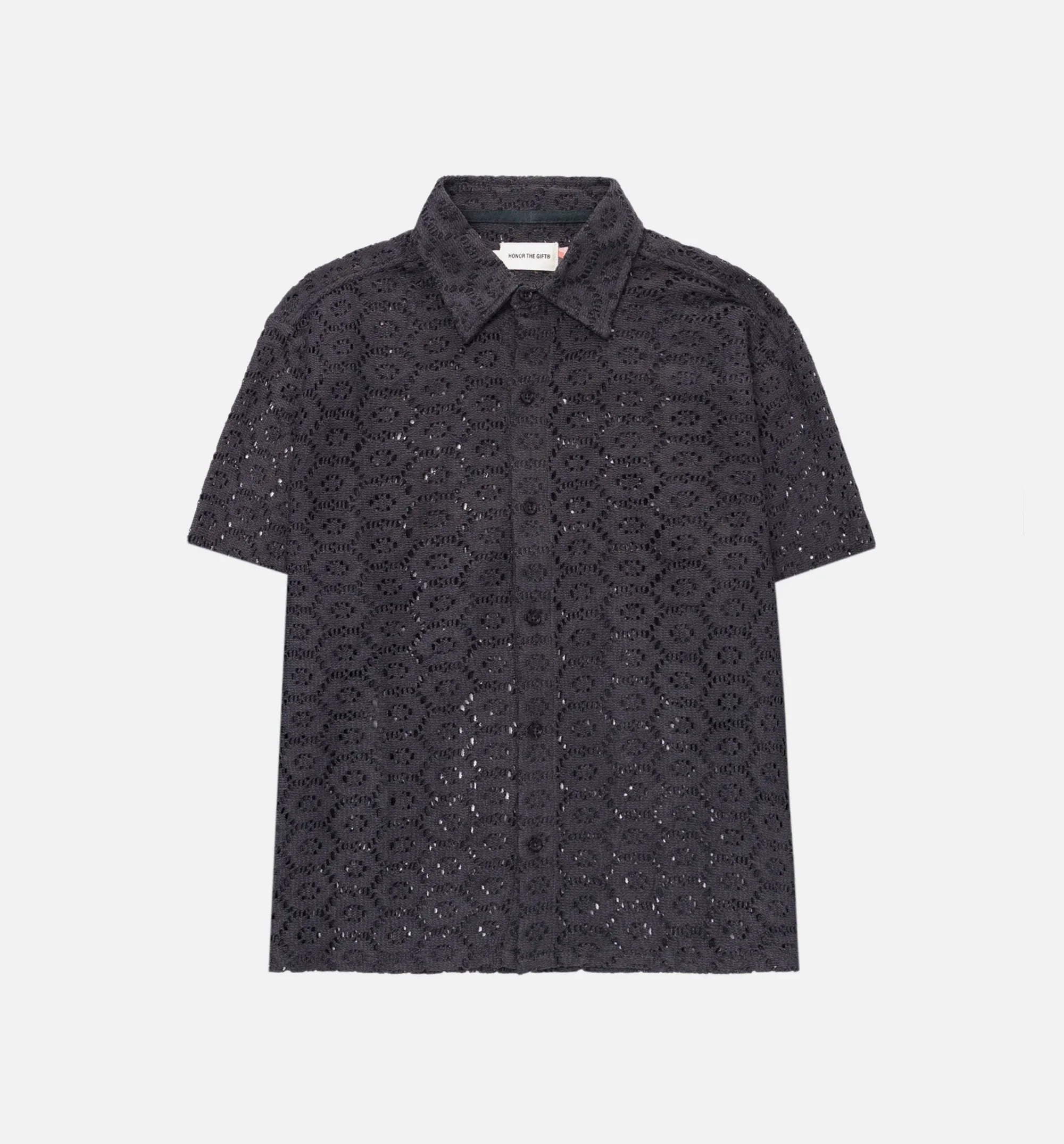 Crochet Button Up Mens Short Sleeve Shirt Black