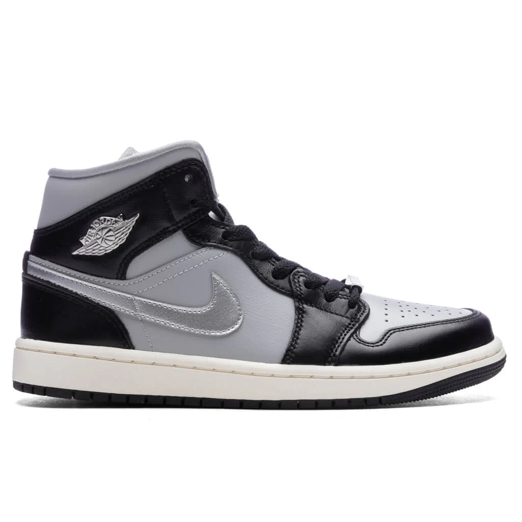 Womens Air Jordan 1 Mid SE Black Metallic Silver Light Smoke Grey