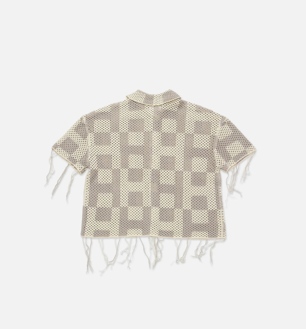 Crochet Button Down Mens Short Sleeve Shirt Stone